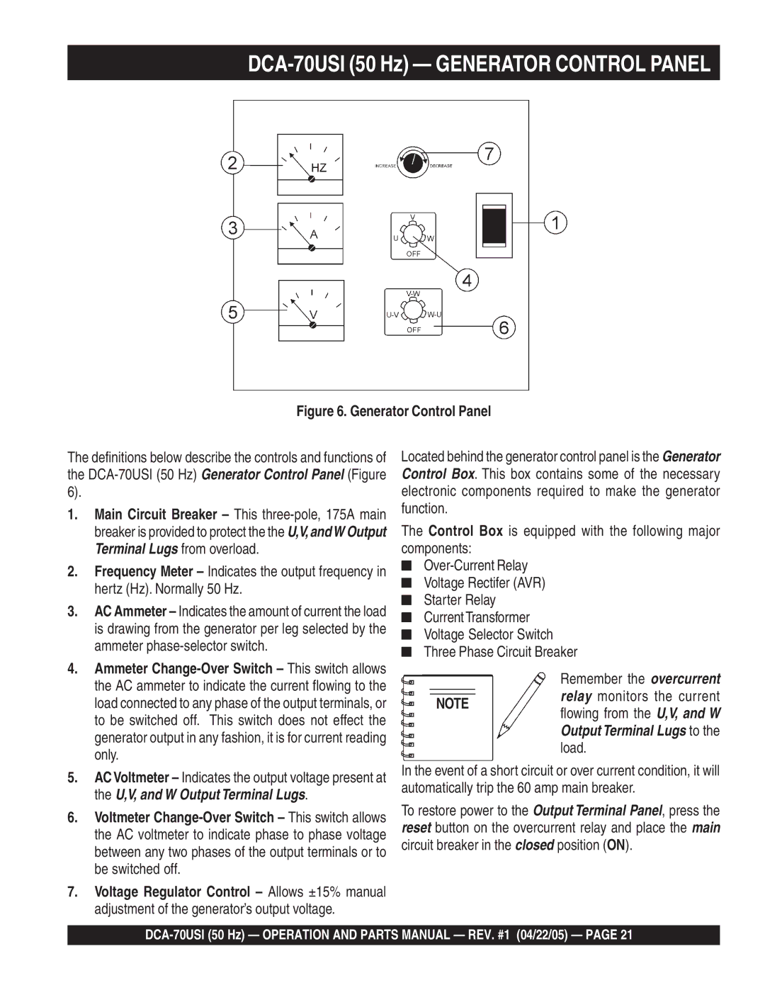 Multiquip operation manual DCA-70USI 50 Hz Generator Control Panel 