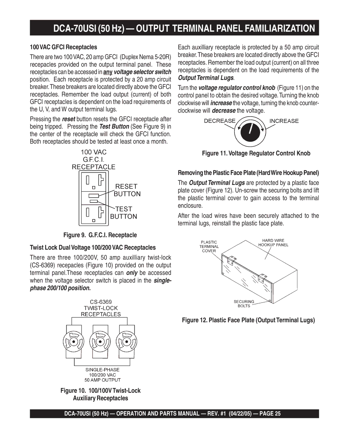 Multiquip DCA-70USI operation manual 100VAC Gfci Receptacles, F.C.I. Receptacle 