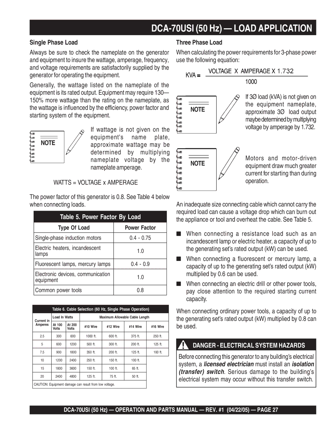 Multiquip DCA-70USI 50 Hz Load Application, Single Phase Load, Three Phase Load, Motors and motor-driven 