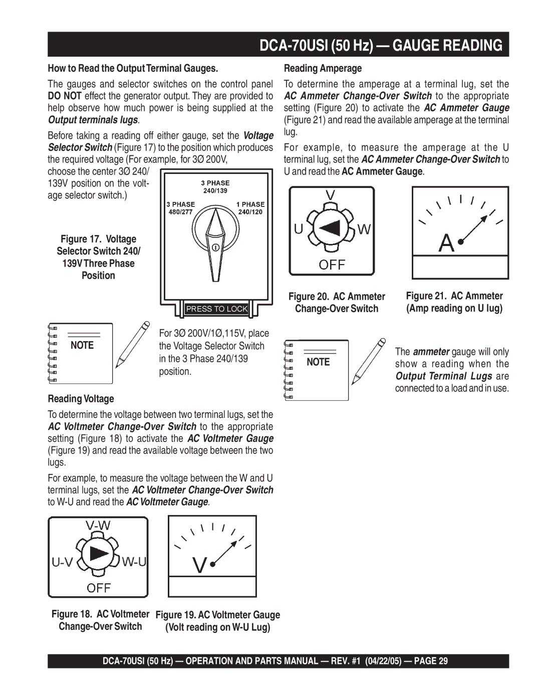 Multiquip operation manual DCA-70USI 50 Hz Gauge Reading, How to Read the OutputTerminal Gauges, Reading Amperage 