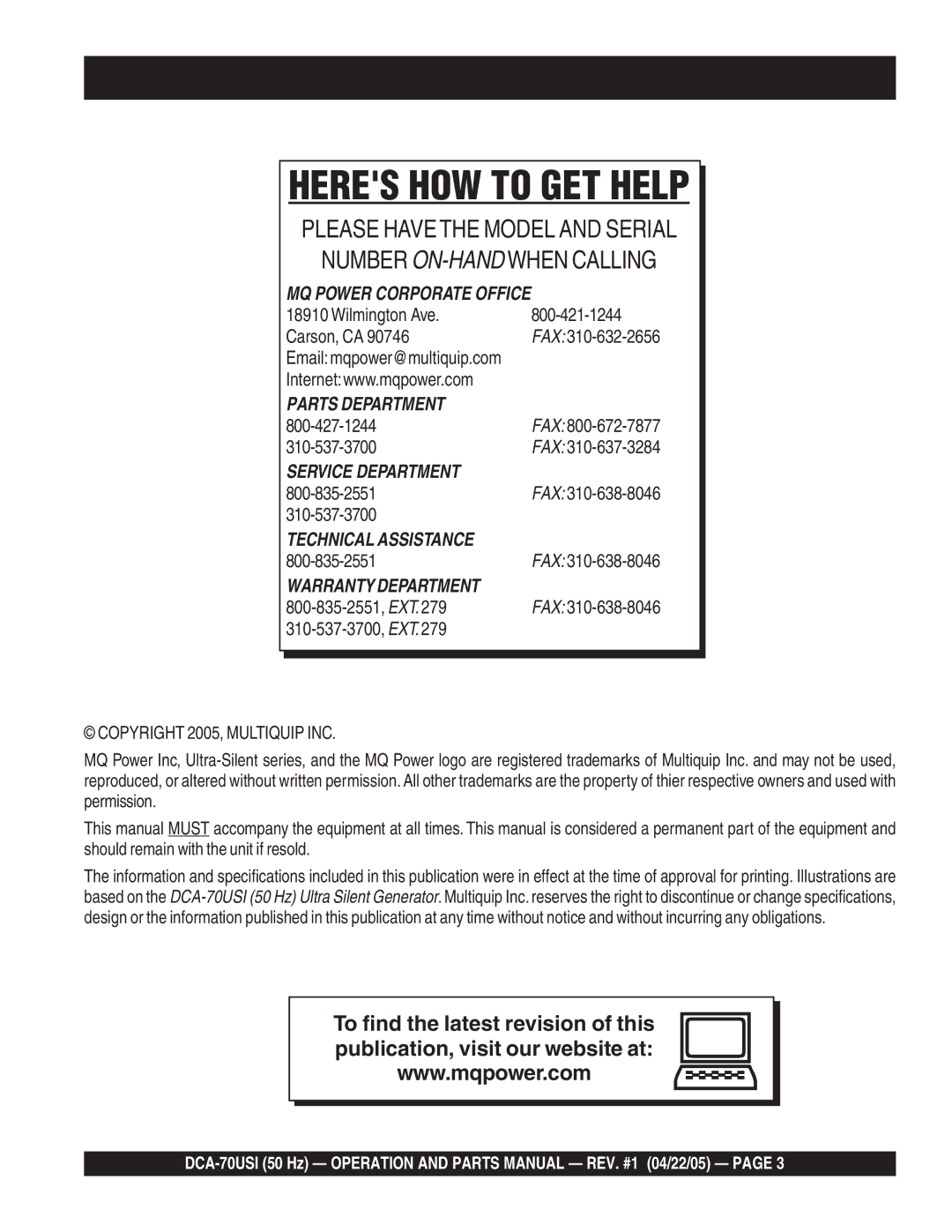 Multiquip DCA-70USI operation manual Heres HOW to GET Help, Wilmington Ave Carson, CA 