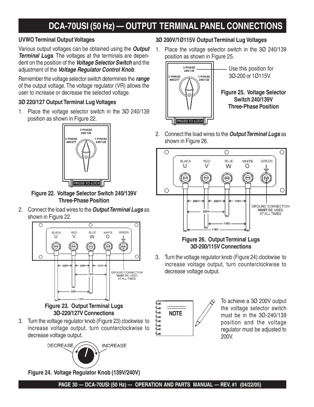 Multiquip DCA-70USI 50 Hz Output Terminal Panel Connections, Uvwo Terminal Output Voltages, Three-Phase Position 