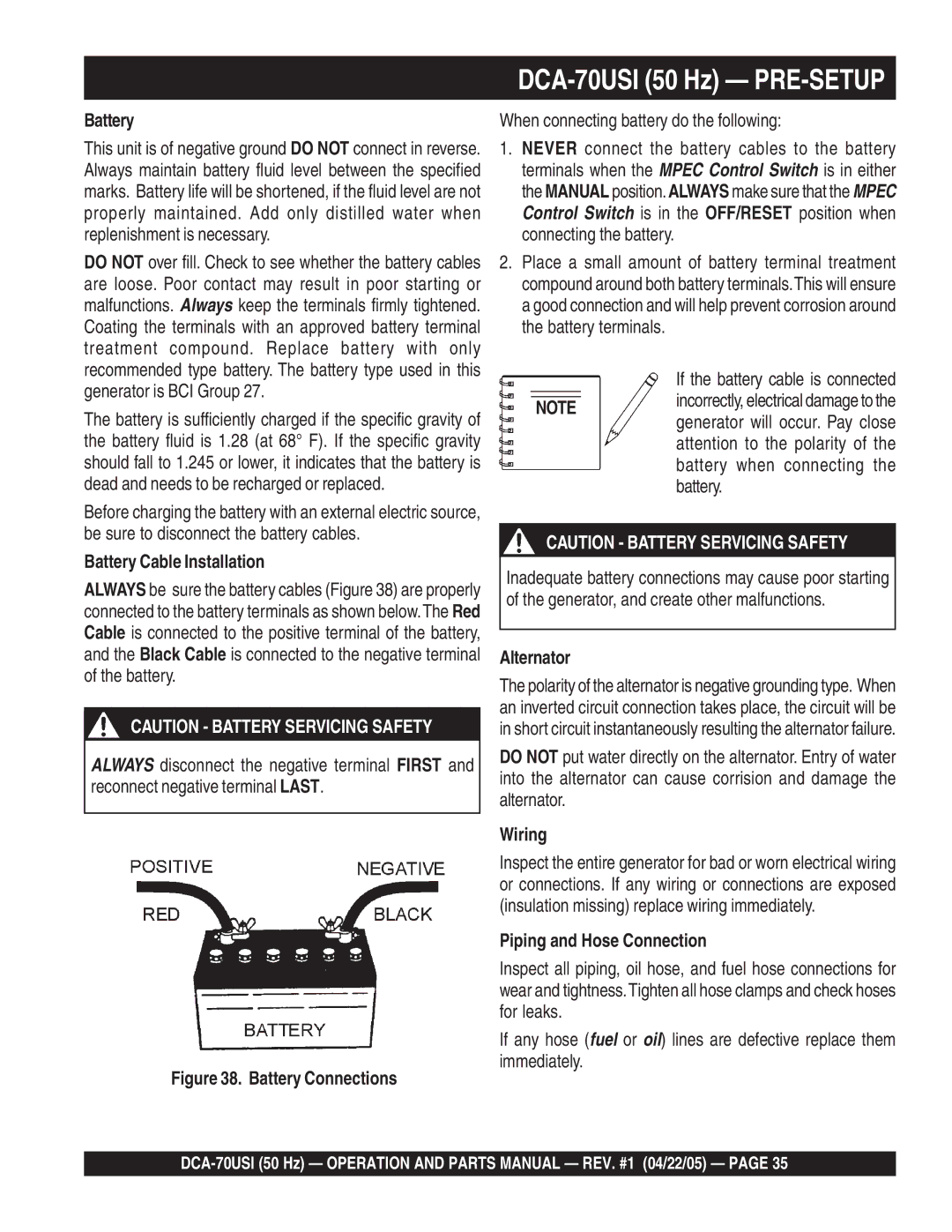 Multiquip DCA-70USI operation manual Battery Cable Installation, Alternator, Wiring, Piping and Hose Connection 