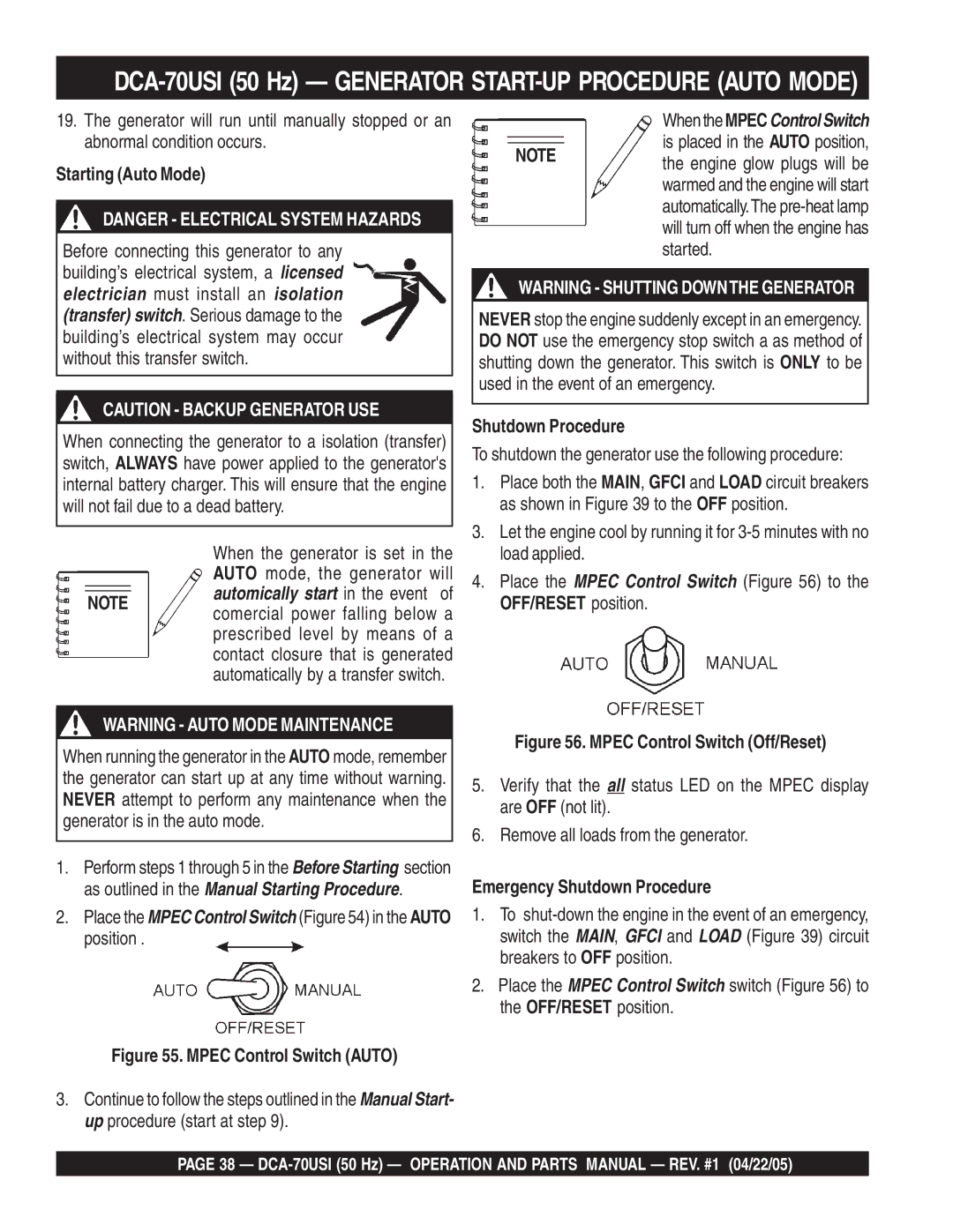 Multiquip DCA-70USI Starting Auto Mode, Shutdown Procedure, To shutdown the generator use the following procedure 