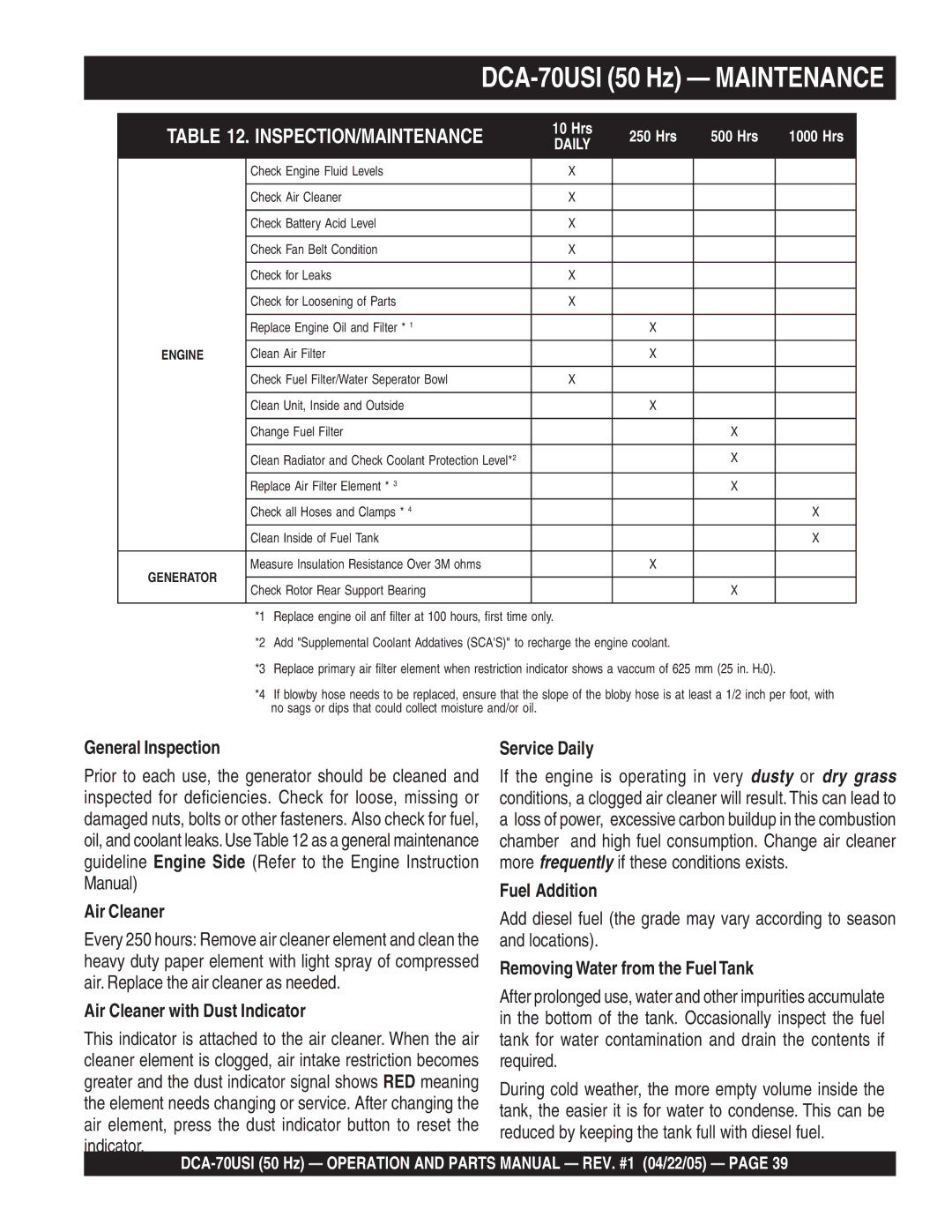 Multiquip operation manual DCA-70USI 50 Hz Maintenance 