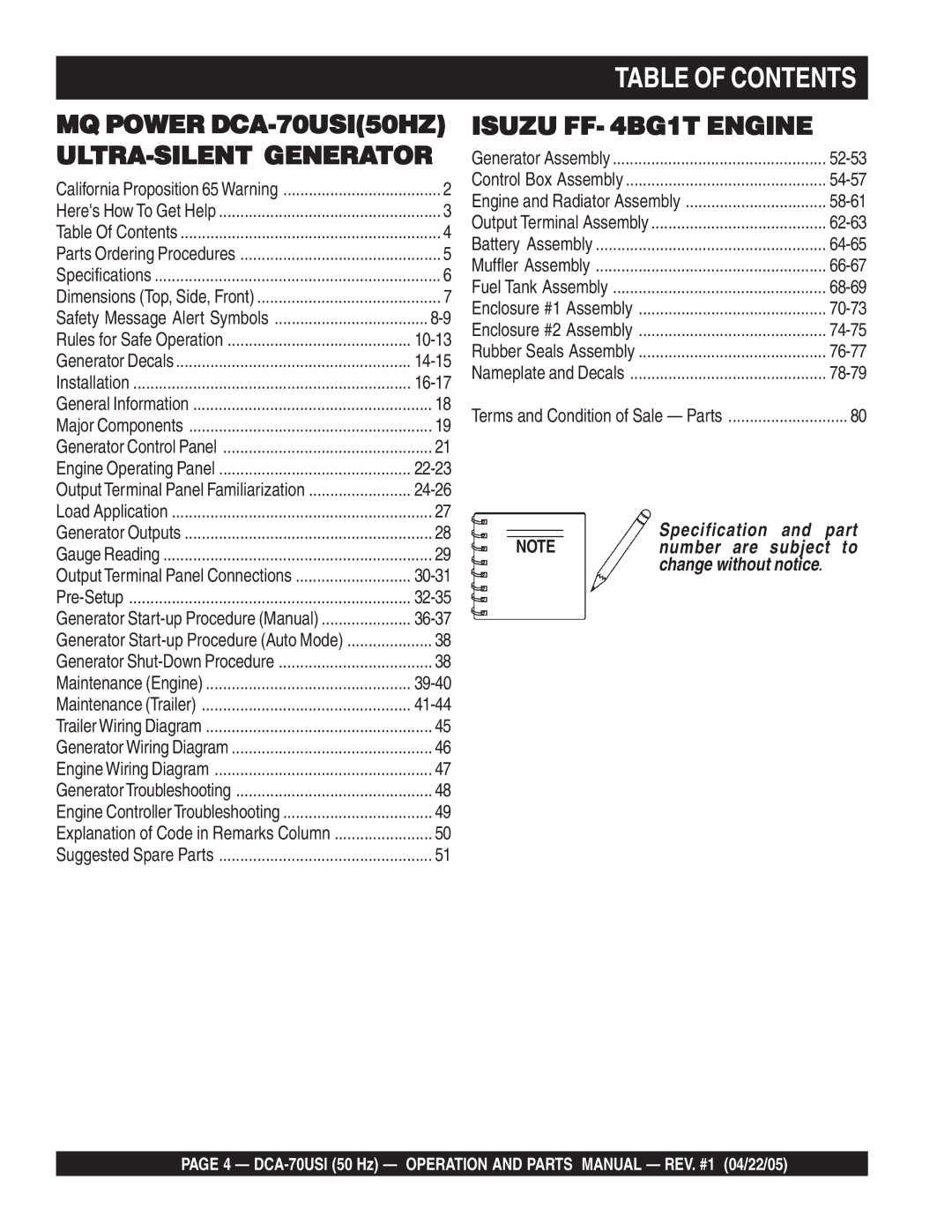 Multiquip DCA-70USI operation manual Table of Contents 