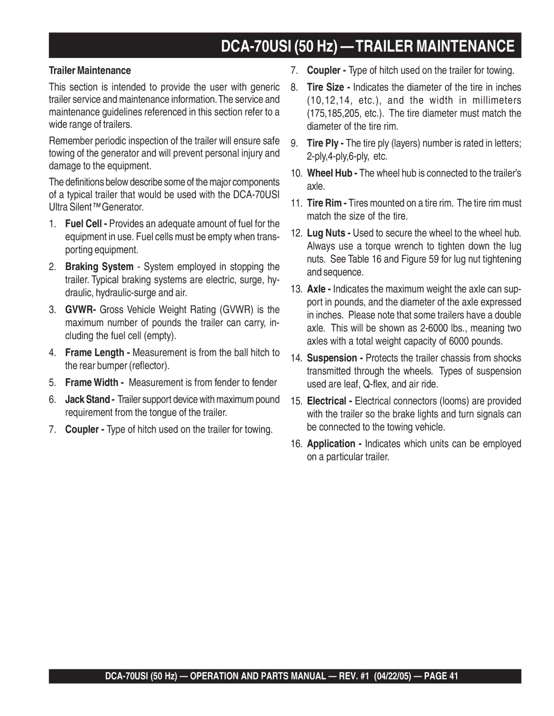 Multiquip operation manual DCA-70USI 50 Hz -TRAILER Maintenance, Trailer Maintenance 