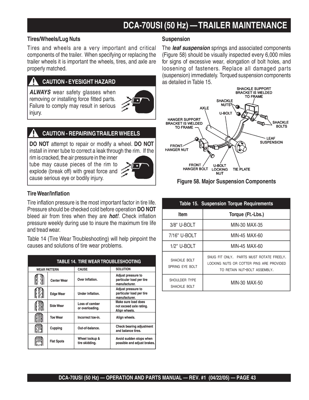 Multiquip DCA-70USI operation manual Tires/Wheels/Lug Nuts, TireWear/Inflation, Suspension 