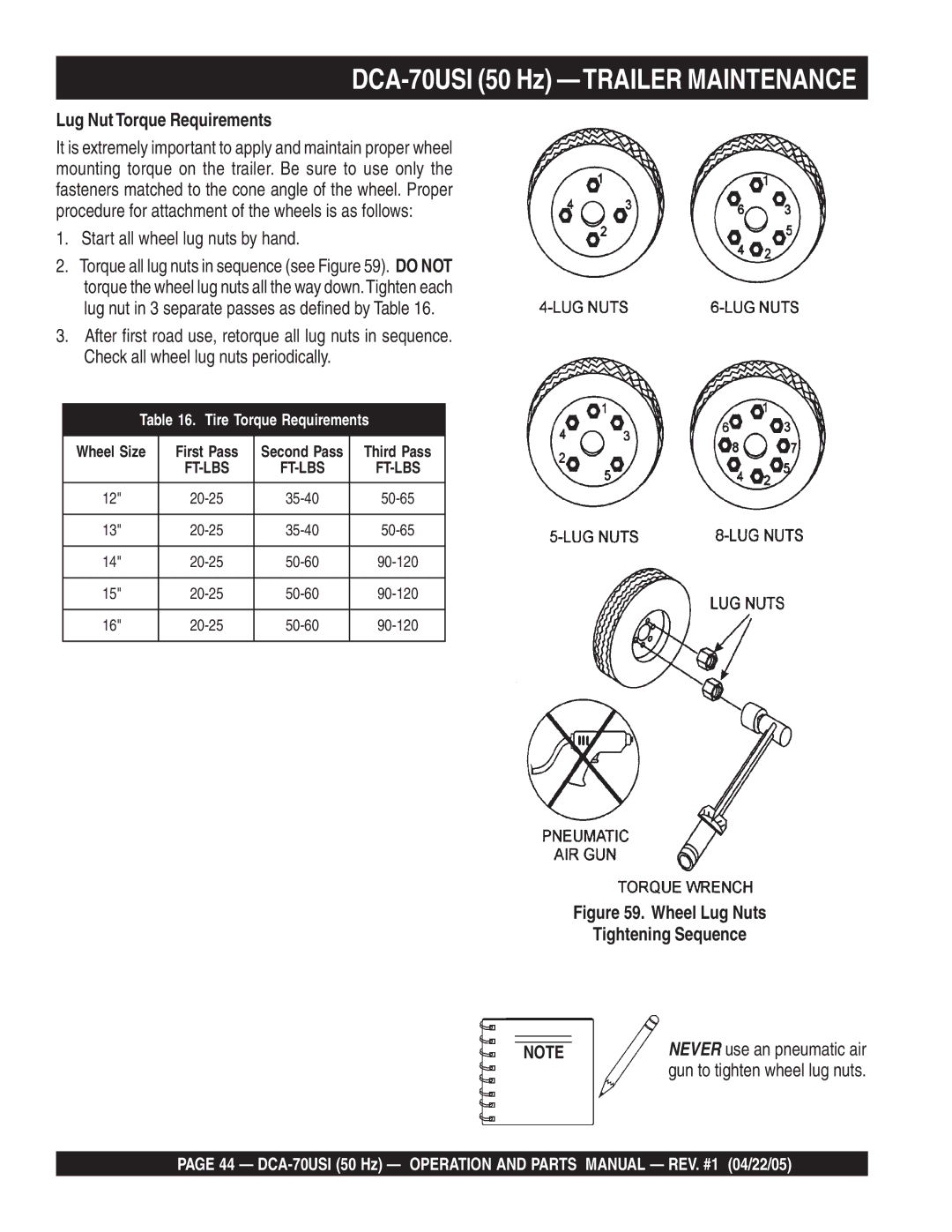 Multiquip DCA-70USI 50 Hz -TRAILER Maintenance, Lug Nut Torque Requirements, Start all wheel lug nuts by hand 