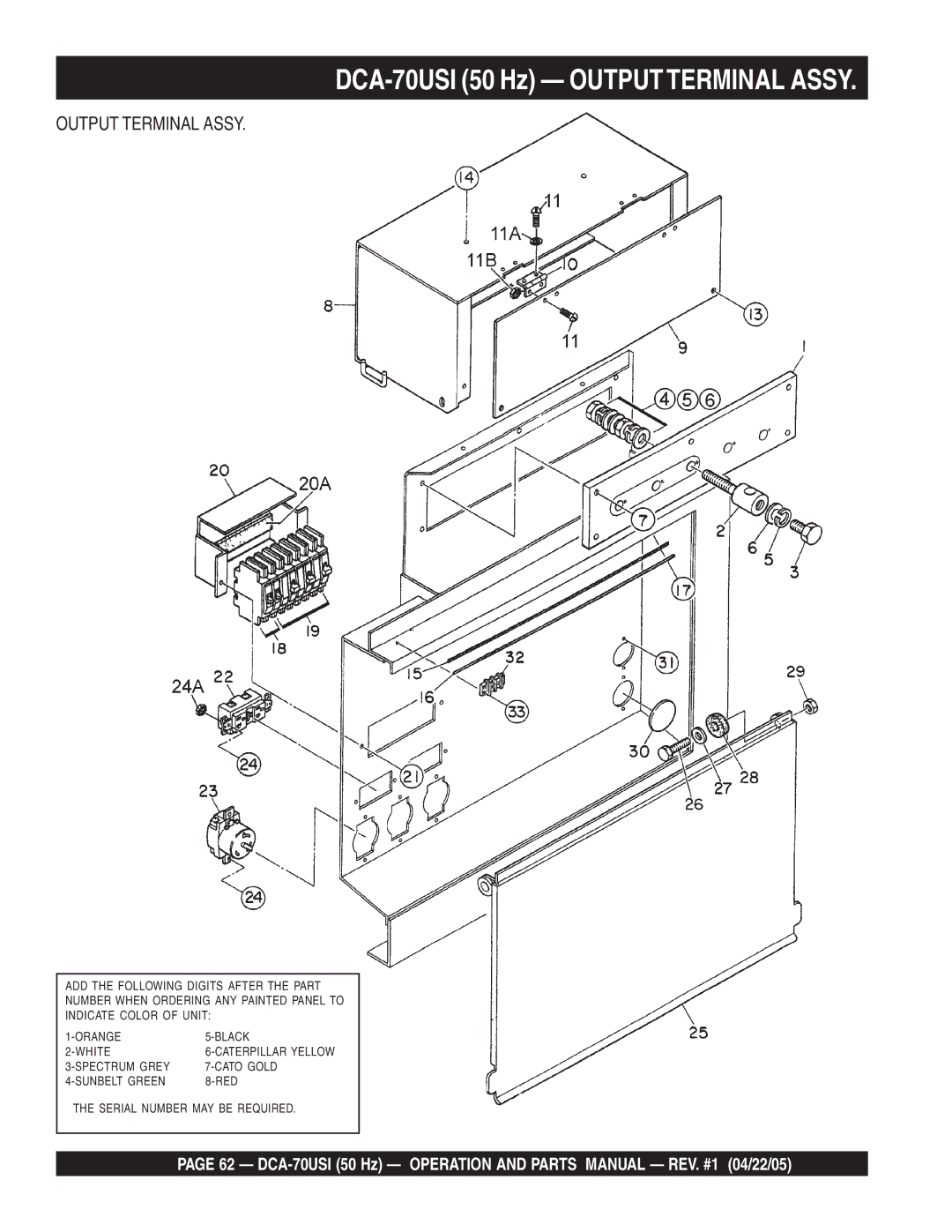 Multiquip operation manual DCA-70USI 50 Hz Outputterminal Assy, Output Terminal Assy 