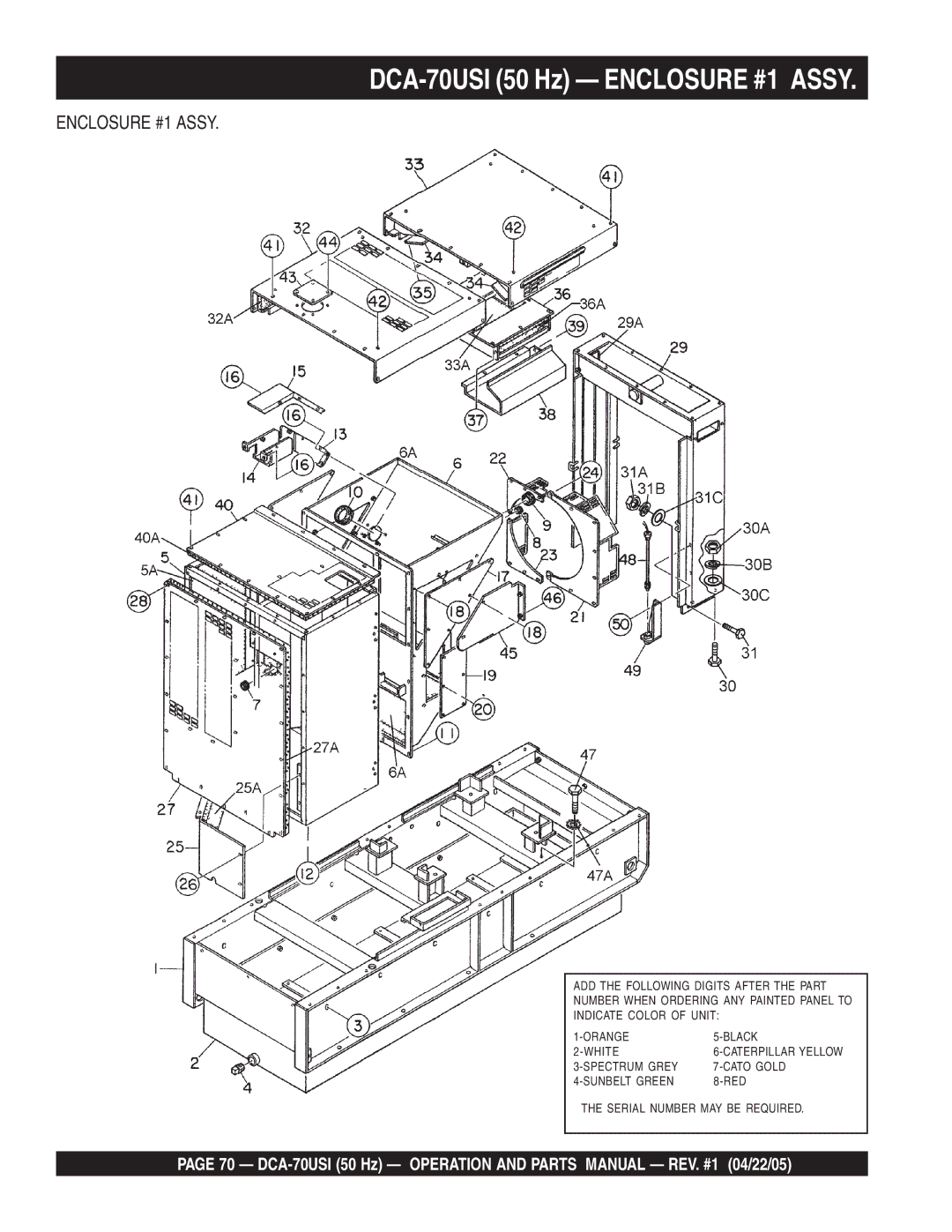 Multiquip operation manual DCA-70USI 50 Hz Enclosure #1 Assy 