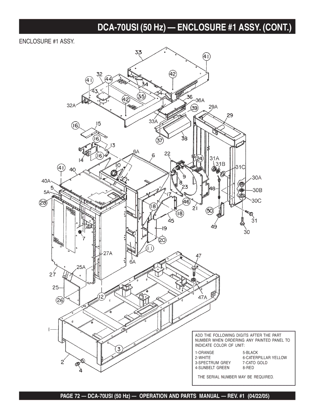 Multiquip operation manual DCA-70USI 50 Hz Enclosure #1 ASSY 