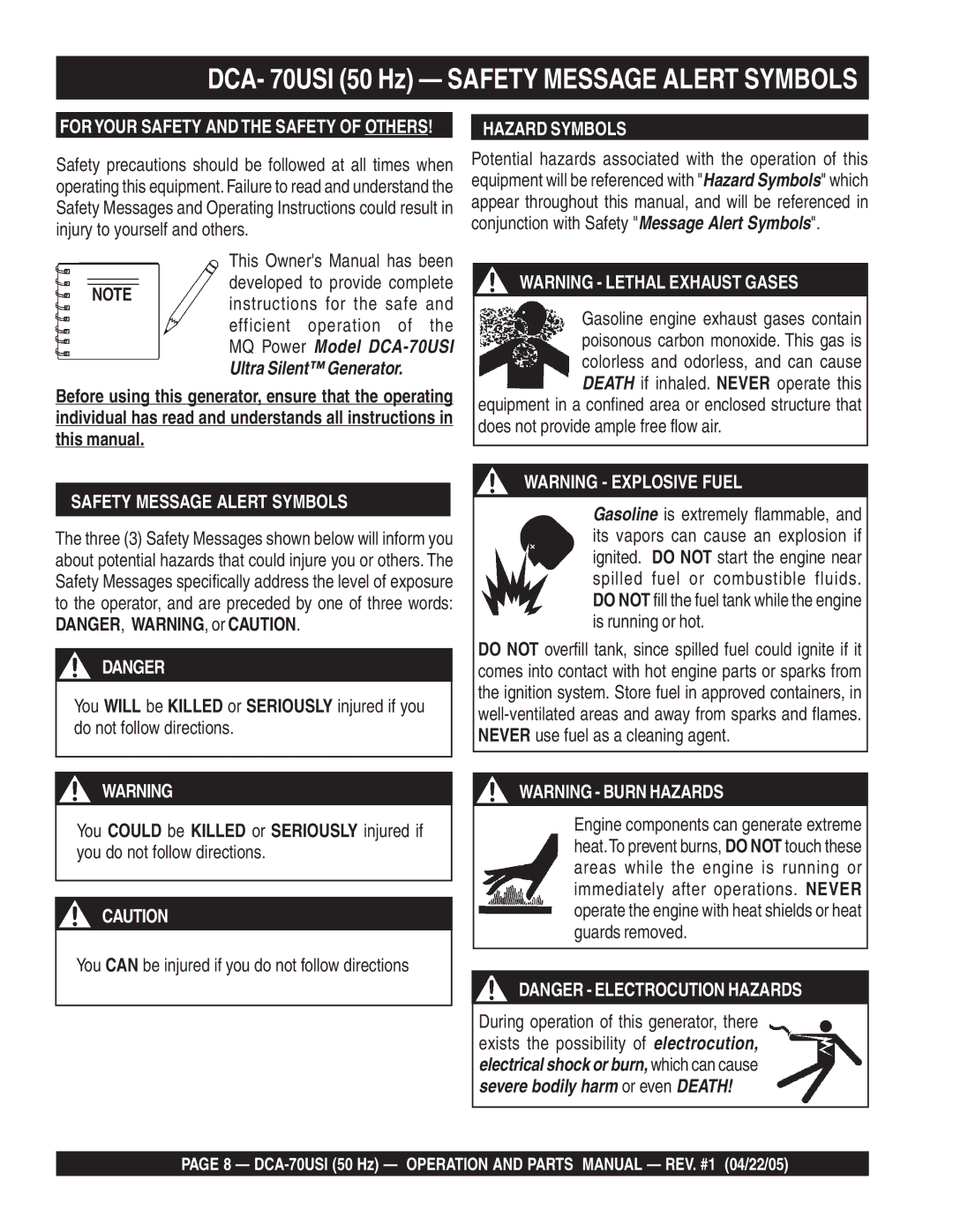 Multiquip DCA-70USI DCA- 70USI 50 Hz Safety Message Alert Symbols, You can be injured if you do not follow directions 