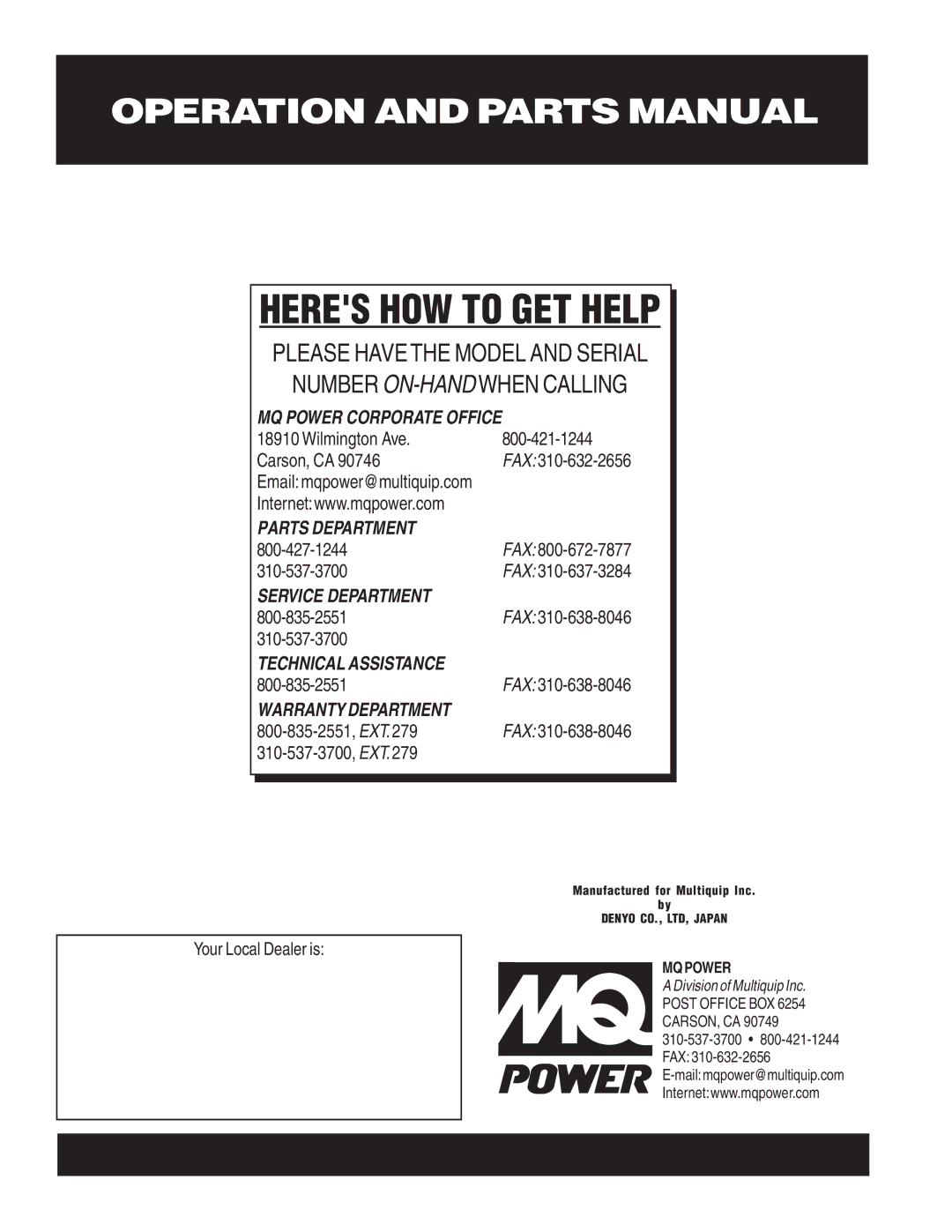 Multiquip DCA-70USI operation manual Your Local Dealer is 