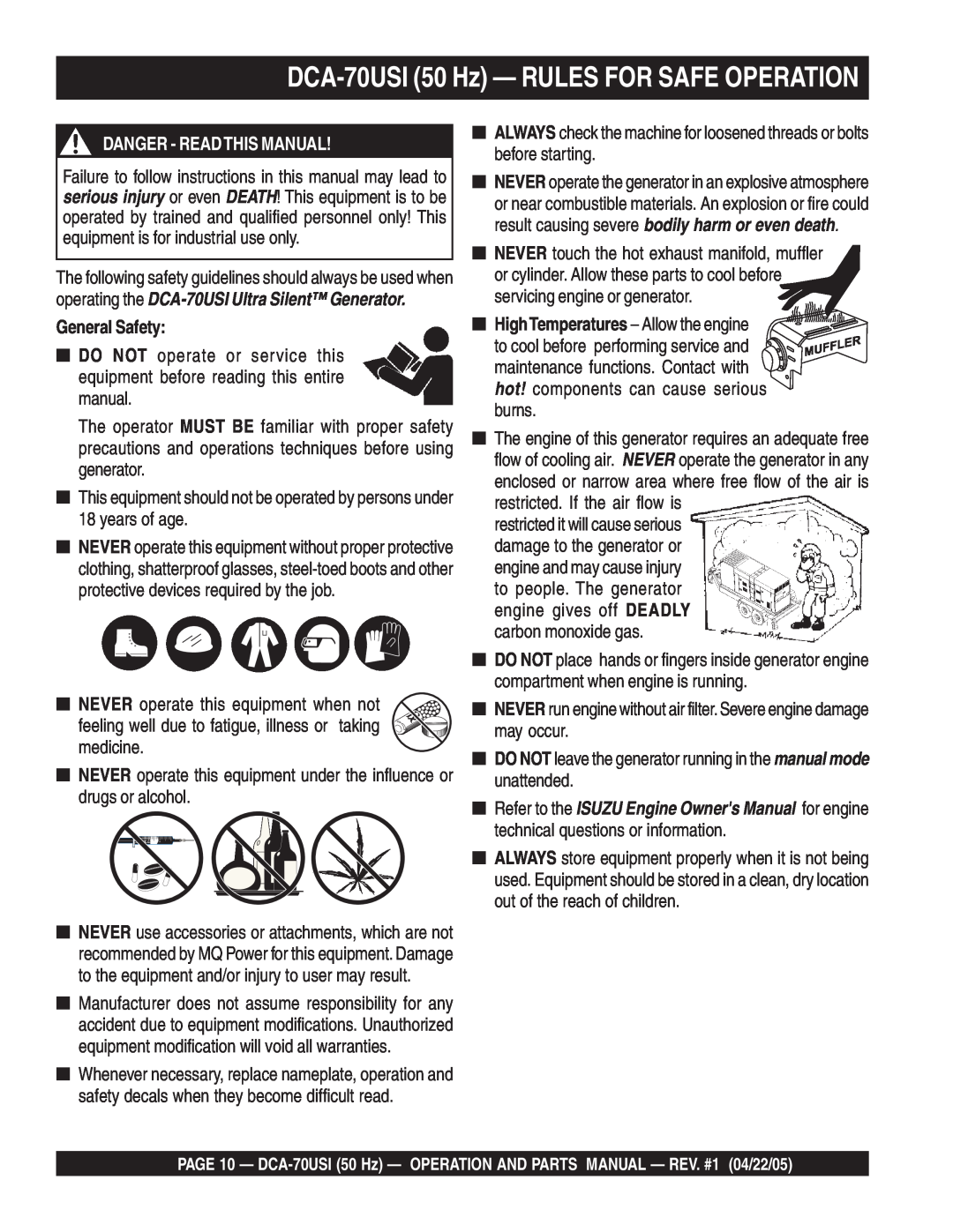Multiquip operation manual DCA-70USI50 Hz — RULES FOR SAFE OPERATION, Danger - Readthis Manual, General Safety 