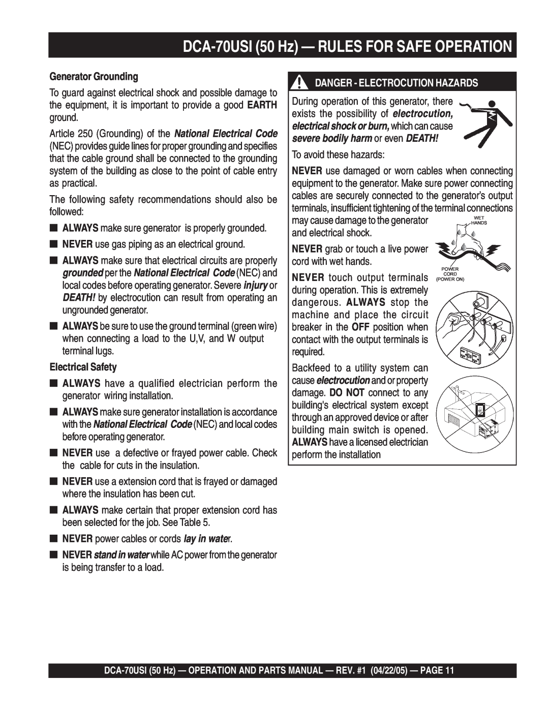 Multiquip operation manual DCA-70USI50 Hz — RULES FOR SAFE OPERATION, Generator Grounding, Electrical Safety 