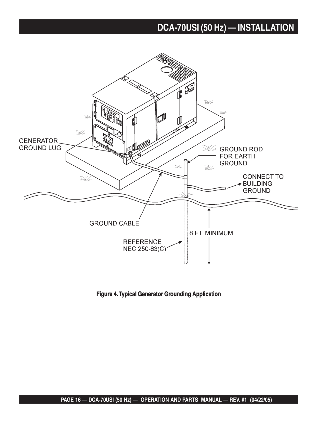 Multiquip operation manual DCA-70USI50 Hz — INSTALLATION, Typical Generator Grounding Application 