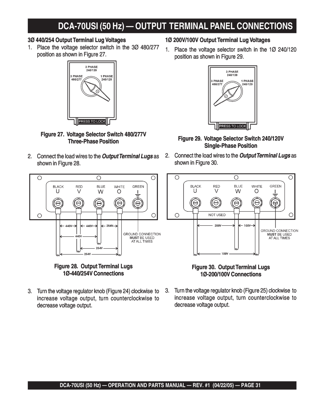 Multiquip DCA-70USI operation manual 3Ø 440/254 Output Terminal Lug Voltages, 1Ø 200V/100V Output Terminal Lug Voltages 