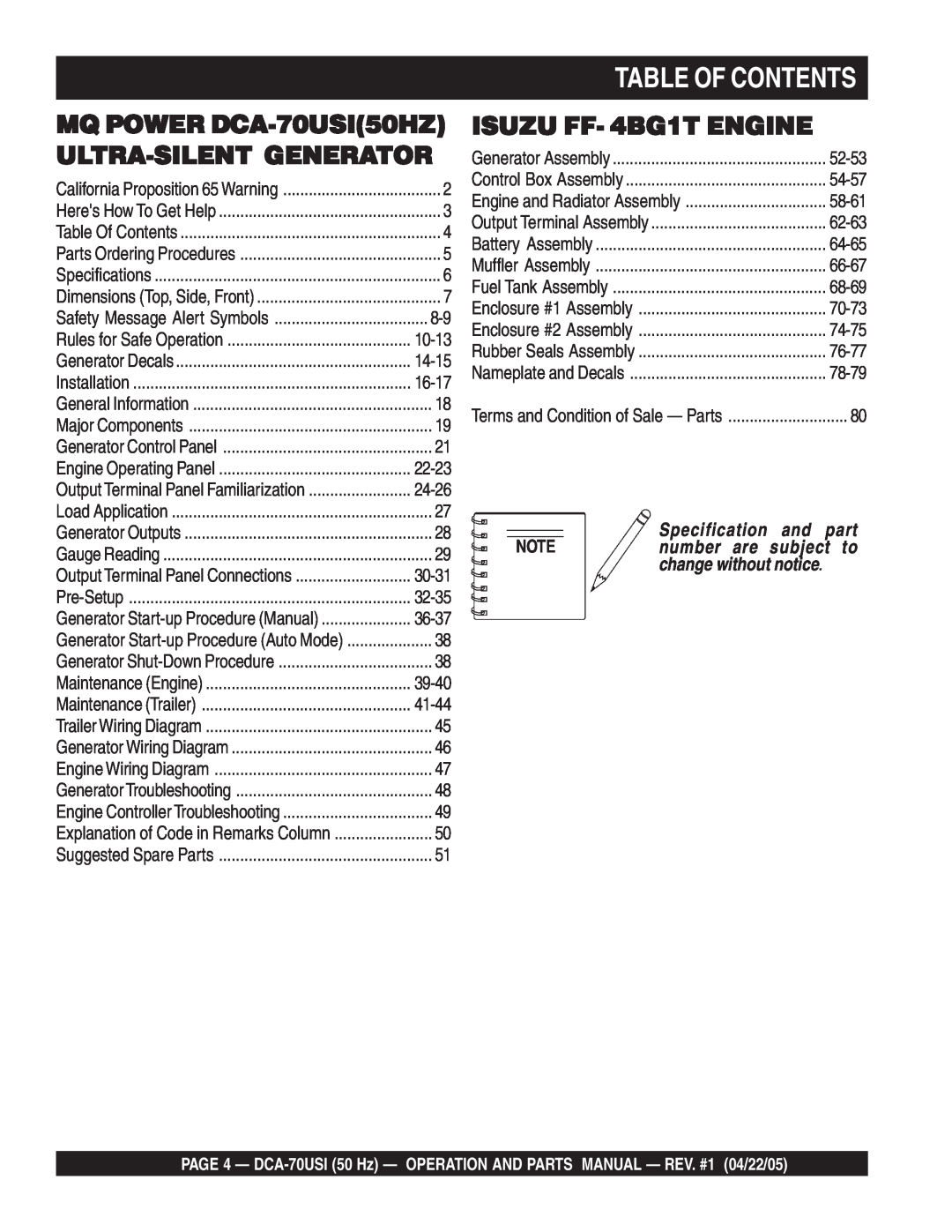 Multiquip operation manual Table Of Contents, MQ POWER DCA-70USI50HZ ULTRA-SILENTGENERATOR, ISUZU FF- 4BG1T ENGINE 