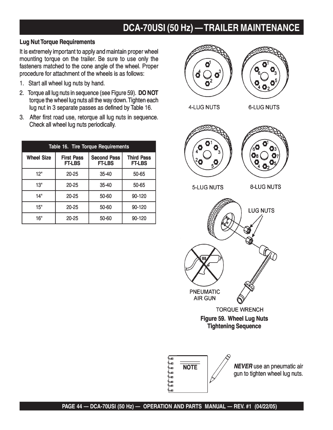 Multiquip DCA-70USI50 Hz —TRAILERMAINTENANCE, Lug Nut Torque Requirements, Wheel Lug Nuts Tightening Sequence 
