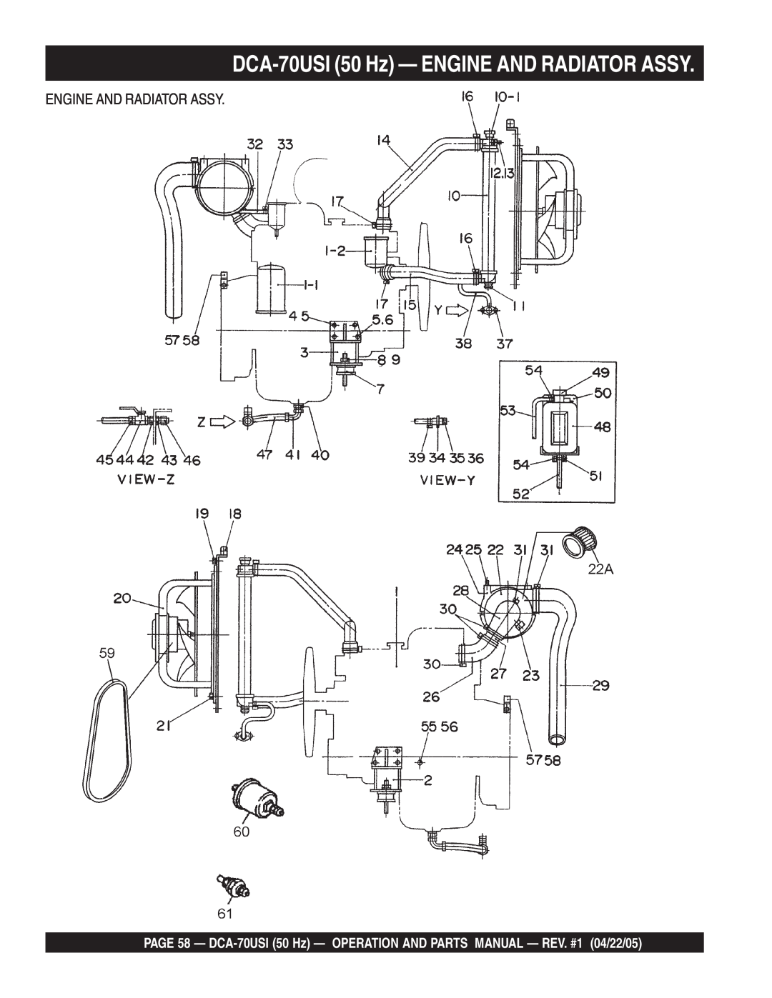 Multiquip operation manual DCA-70USI50 Hz — ENGINE AND RADIATOR ASSY, Engine And Radiator Assy 
