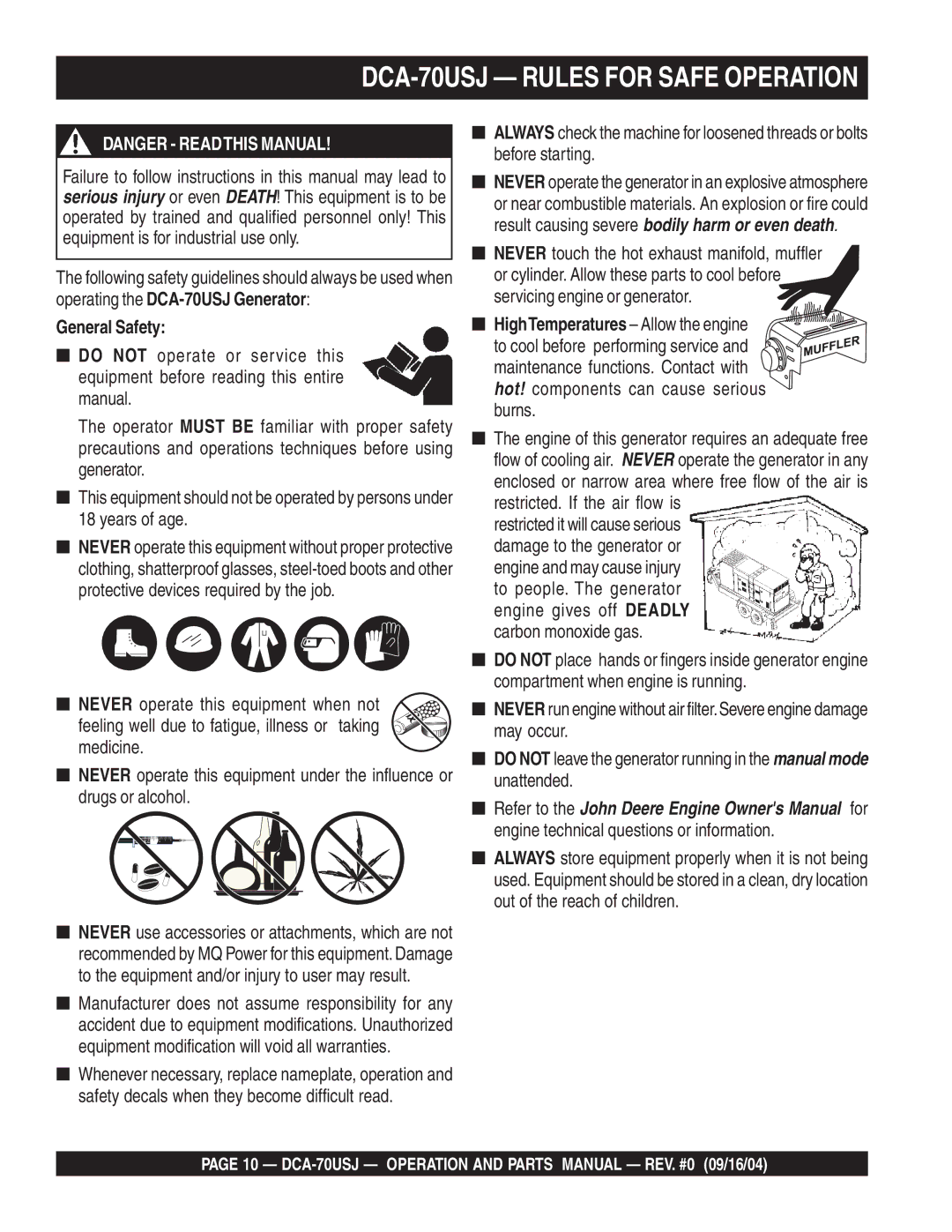 Multiquip dca-70usj operation manual DCA-70USJ Rules for Safe Operation, General Safety 