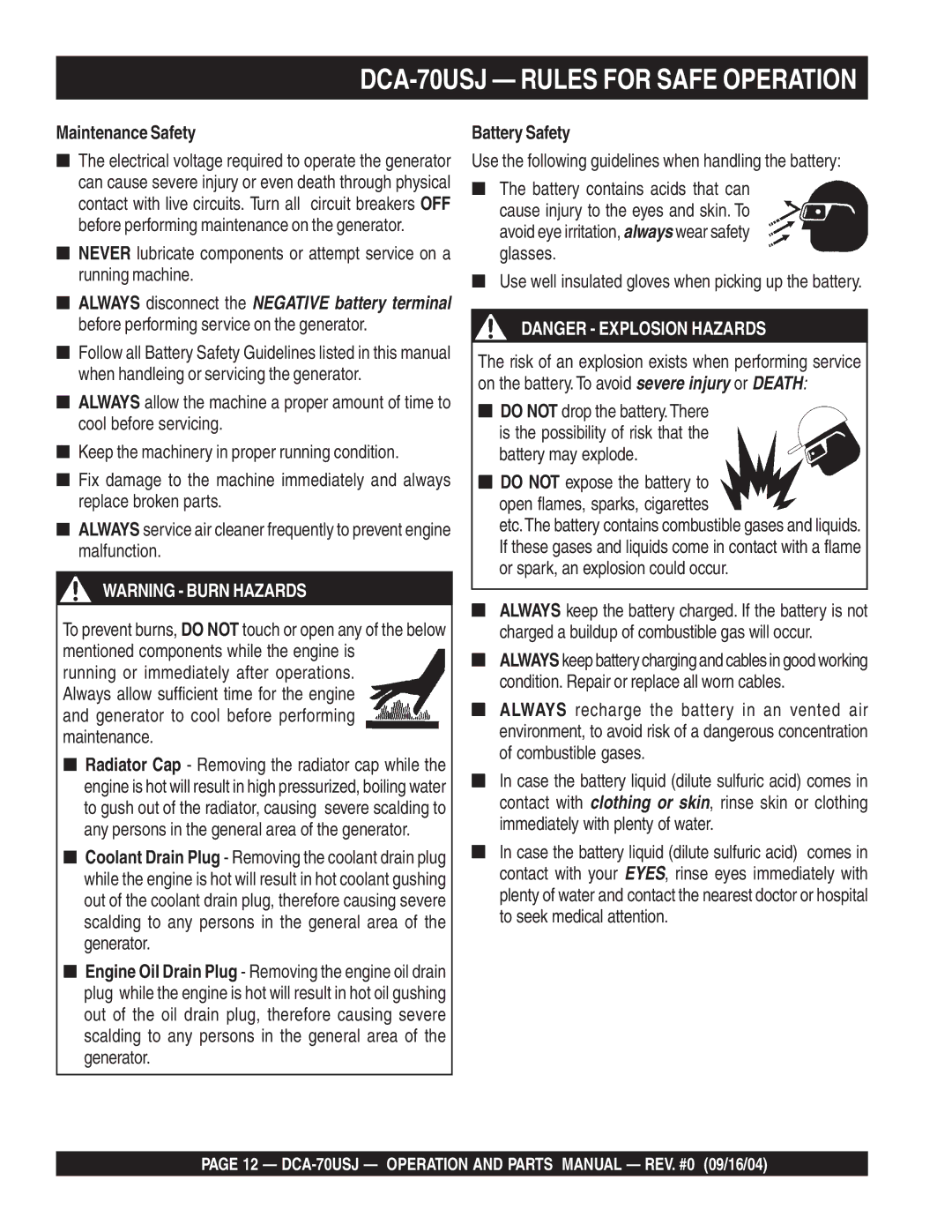 Multiquip dca-70usj operation manual DCA-70USJ Rules for Safe Operation, Maintenance Safety, Battery Safety 