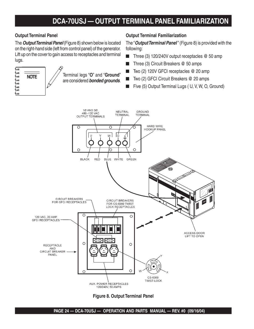 Multiquip dca-70usj operation manual DCA-70USJ Output Terminal Panel Familiarization, Output Terminal Familiarization 