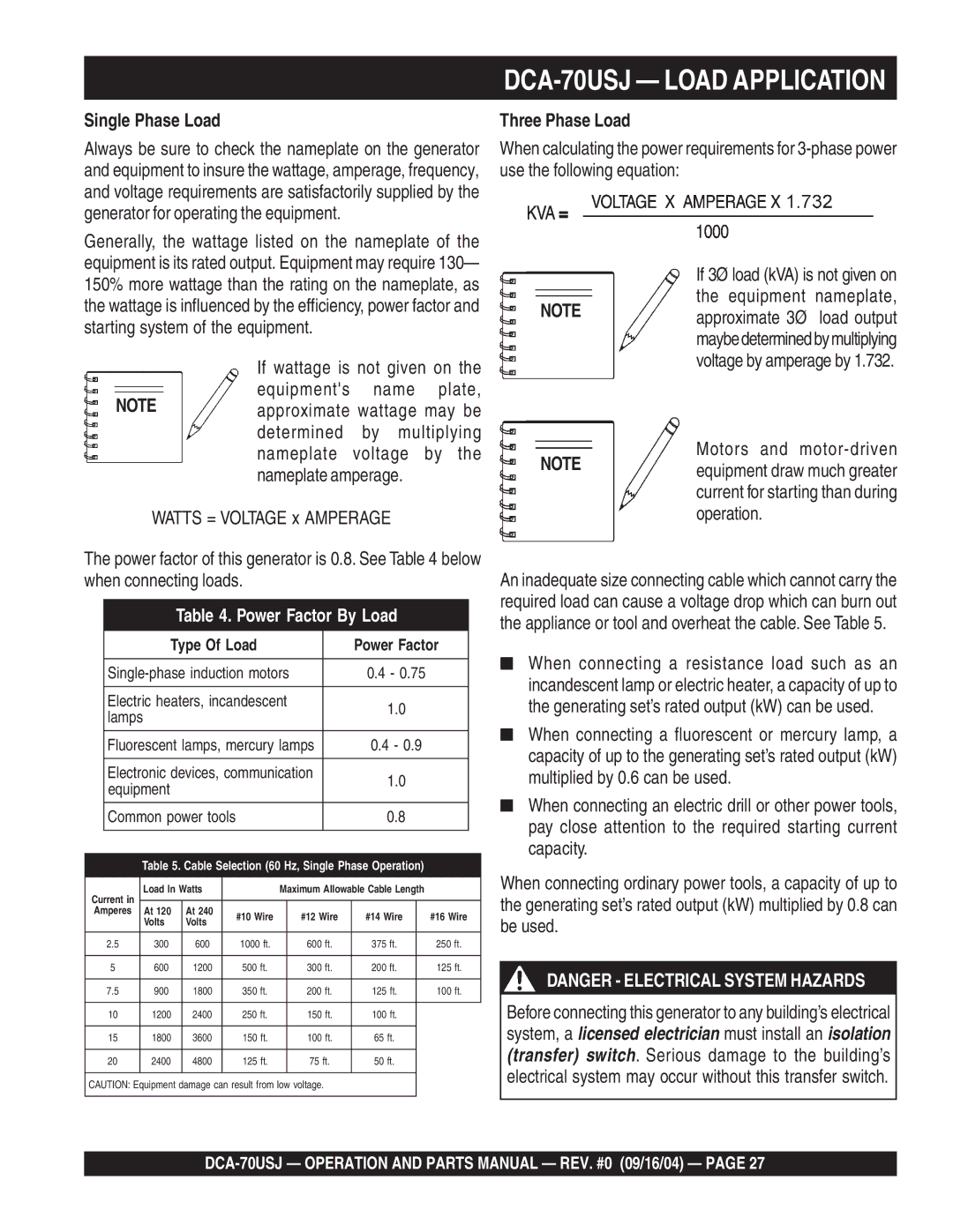 Multiquip dca-70usj DCA-70USJ Load Application, Single Phase Load, Three Phase Load, Motors and motor-driven 