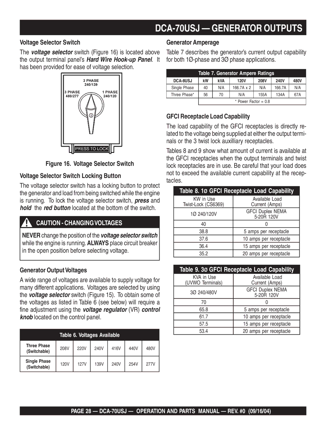 Multiquip dca-70usj DCA-70USJ Generator Outputs, Voltage Selector Switch, Generator Amperage, Generator OutputVoltages 