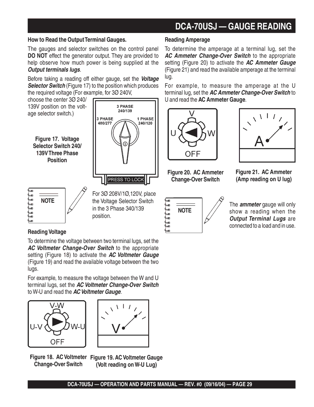 Multiquip dca-70usj operation manual DCA-70USJ Gauge Reading, How to Read the OutputTerminal Gauges, Reading Amperage 