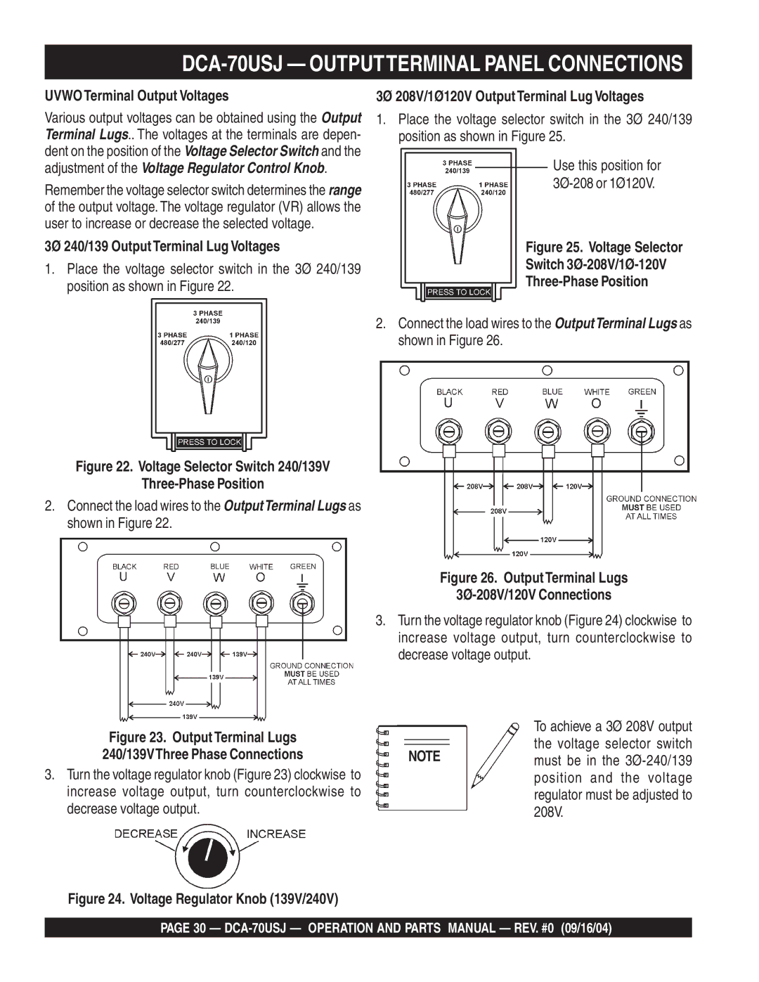 Multiquip dca-70usj DCA-70USJ Outputterminal Panel Connections, Uvwo Terminal Output Voltages, Three-Phase Position 