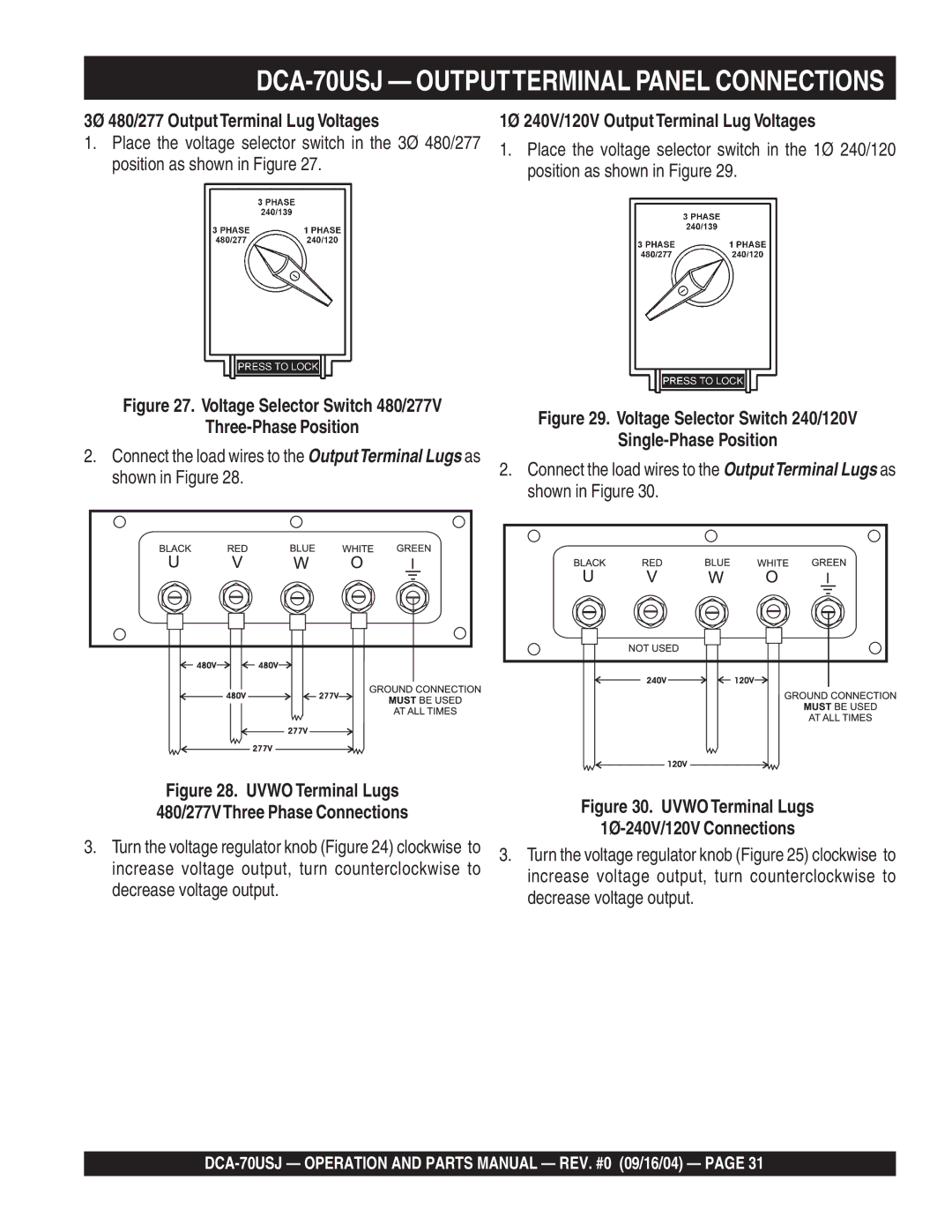 Multiquip dca-70usj operation manual 3Ø 480/277 Output Terminal Lug Voltages, 1Ø 240V/120V Output Terminal Lug Voltages 