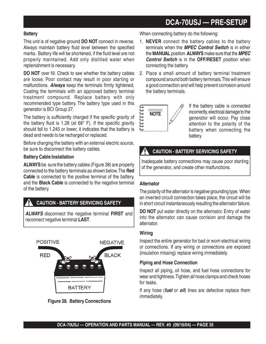 Multiquip dca-70usj operation manual Battery Cable Installation, Alternator, Wiring, Piping and Hose Connection 