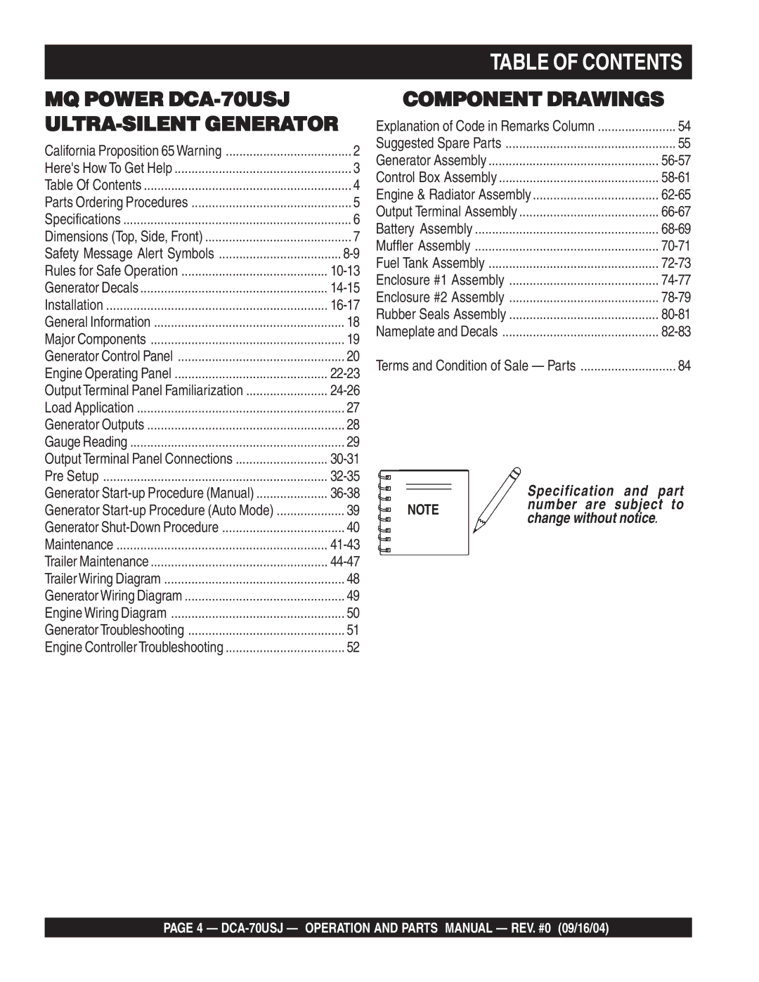 Multiquip dca-70usj operation manual Table of Contents 