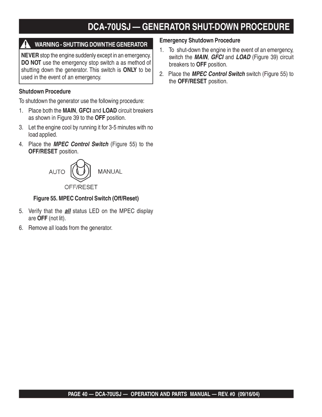 Multiquip dca-70usj operation manual DCA-70USJ Generator SHUT-DOWN Procedure, Emergency Shutdown Procedure 