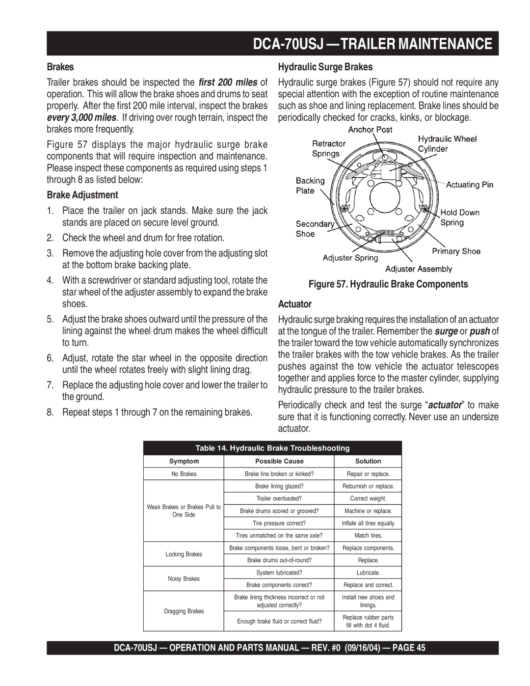 Multiquip dca-70usj DCA-70USJ -TRAILER Maintenance, Brakes, Brake Adjustment, Check the wheel and drum for free rotation 