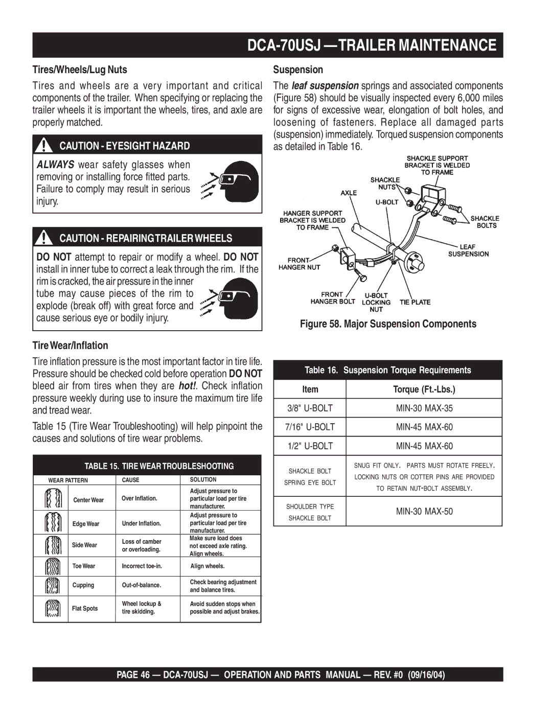 Multiquip dca-70usj operation manual Tires/Wheels/Lug Nuts, TireWear/Inflation, Suspension 