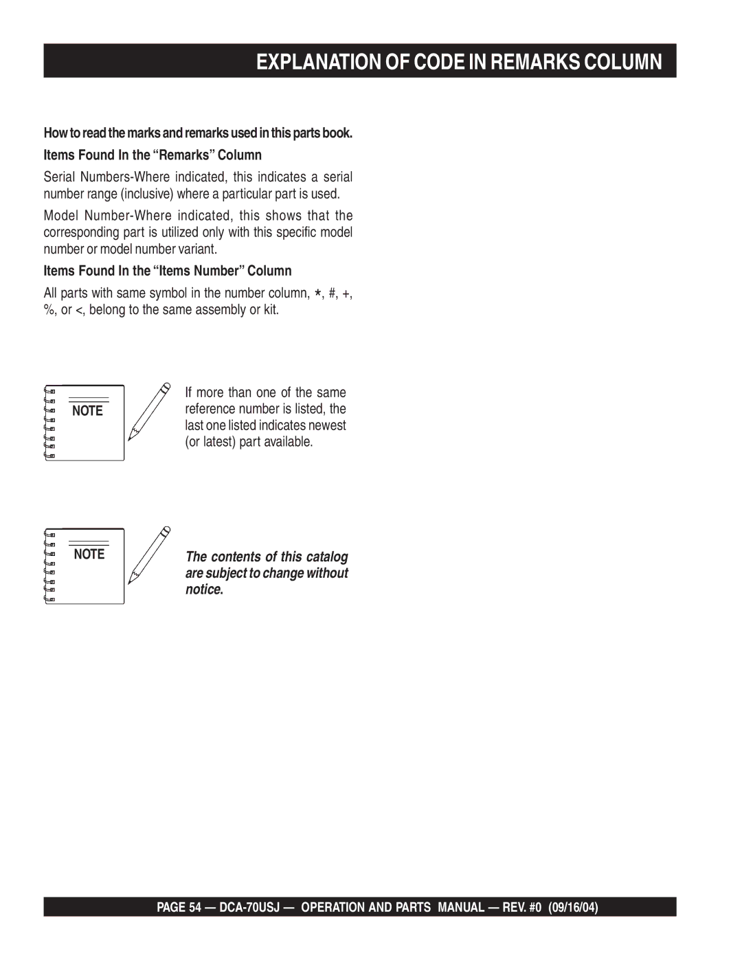 Multiquip dca-70usj operation manual Explanation of Code in Remarks Column, Items Found In the Items Number Column 