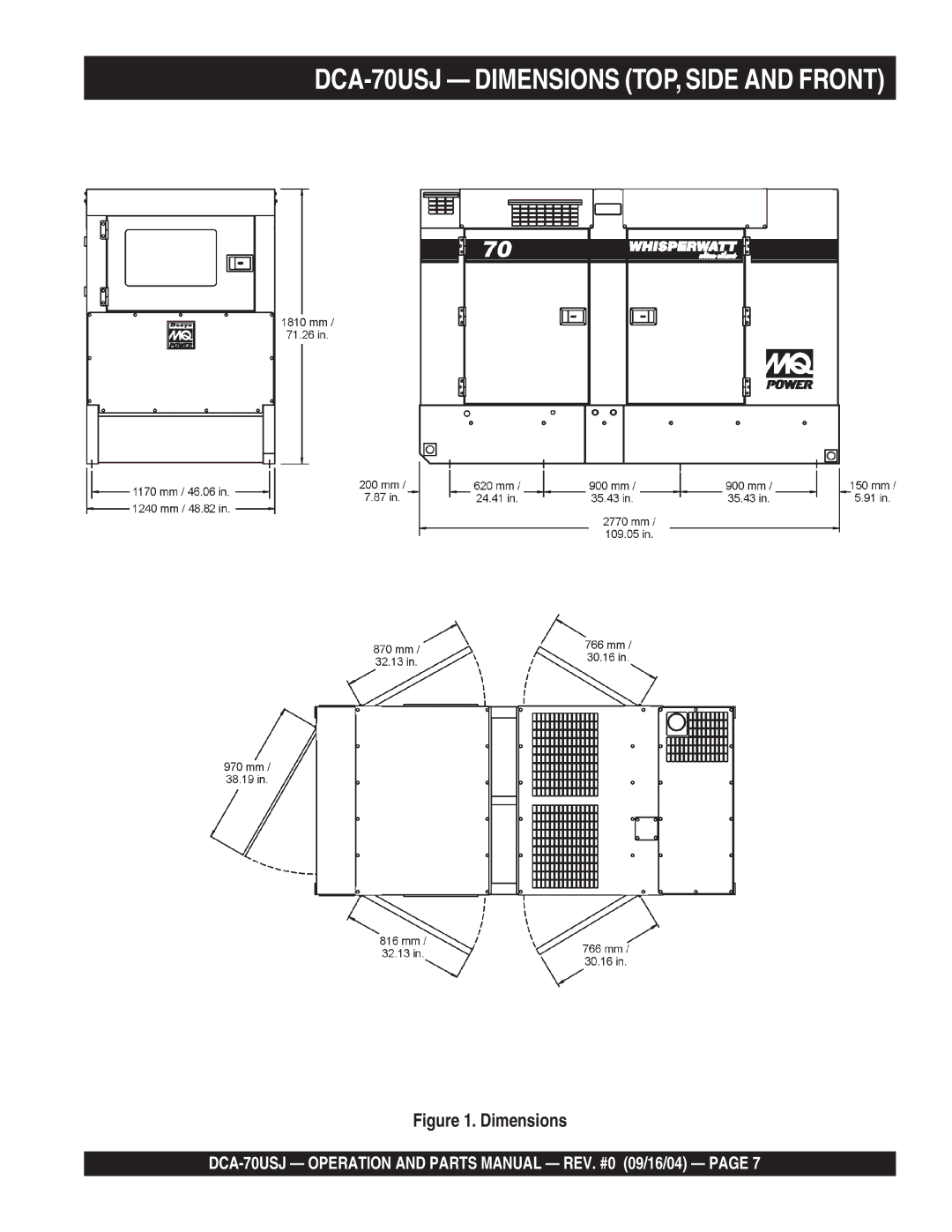 Multiquip dca-70usj operation manual DCA-70USJ Dimensions TOP, Side and Front 