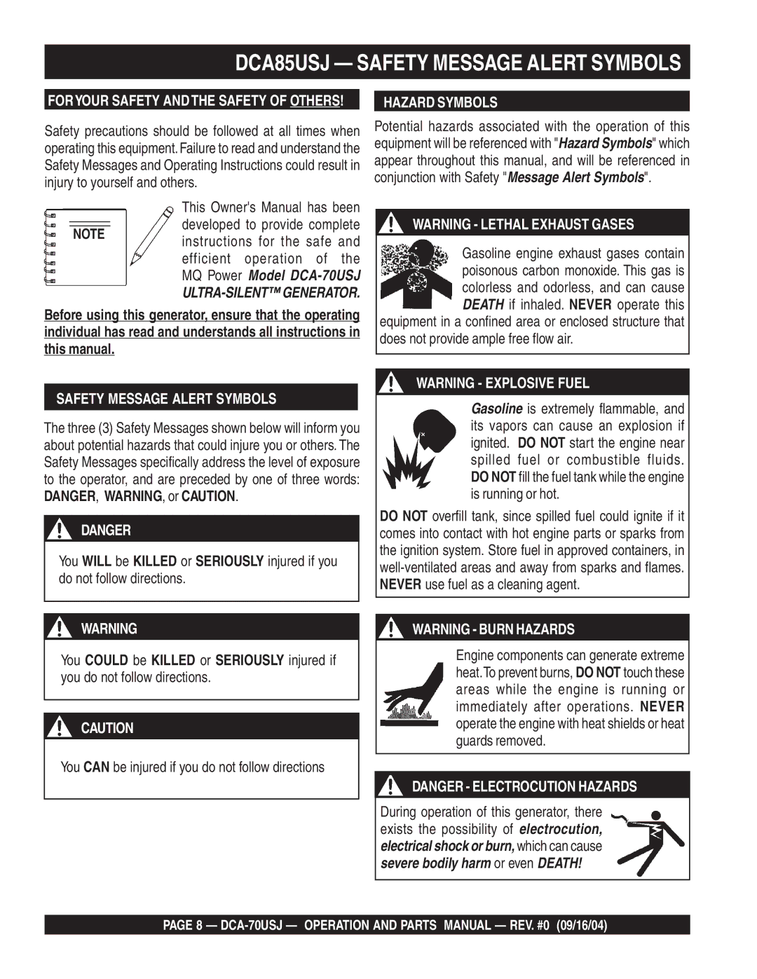 Multiquip dca-70usj DCA85USJ Safety Message Alert Symbols, You can be injured if you do not follow directions 