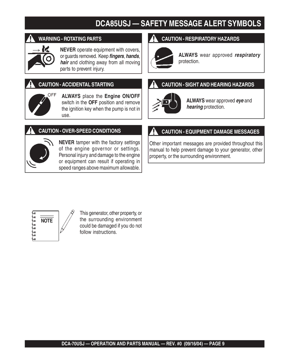 Multiquip dca-70usj operation manual DCA85USJ Safety Message Alert Symbols, This generator, other property, or 