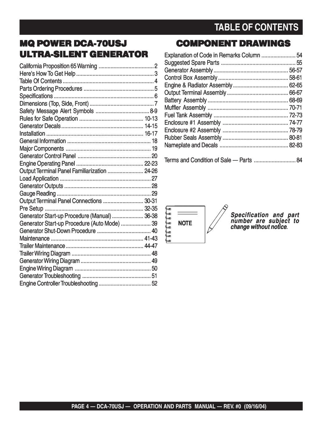 Multiquip dca-70usj operation manual Table Of Contents, MQ POWER DCA-70USJ ULTRA-SILENTGENERATOR, Component Drawings 