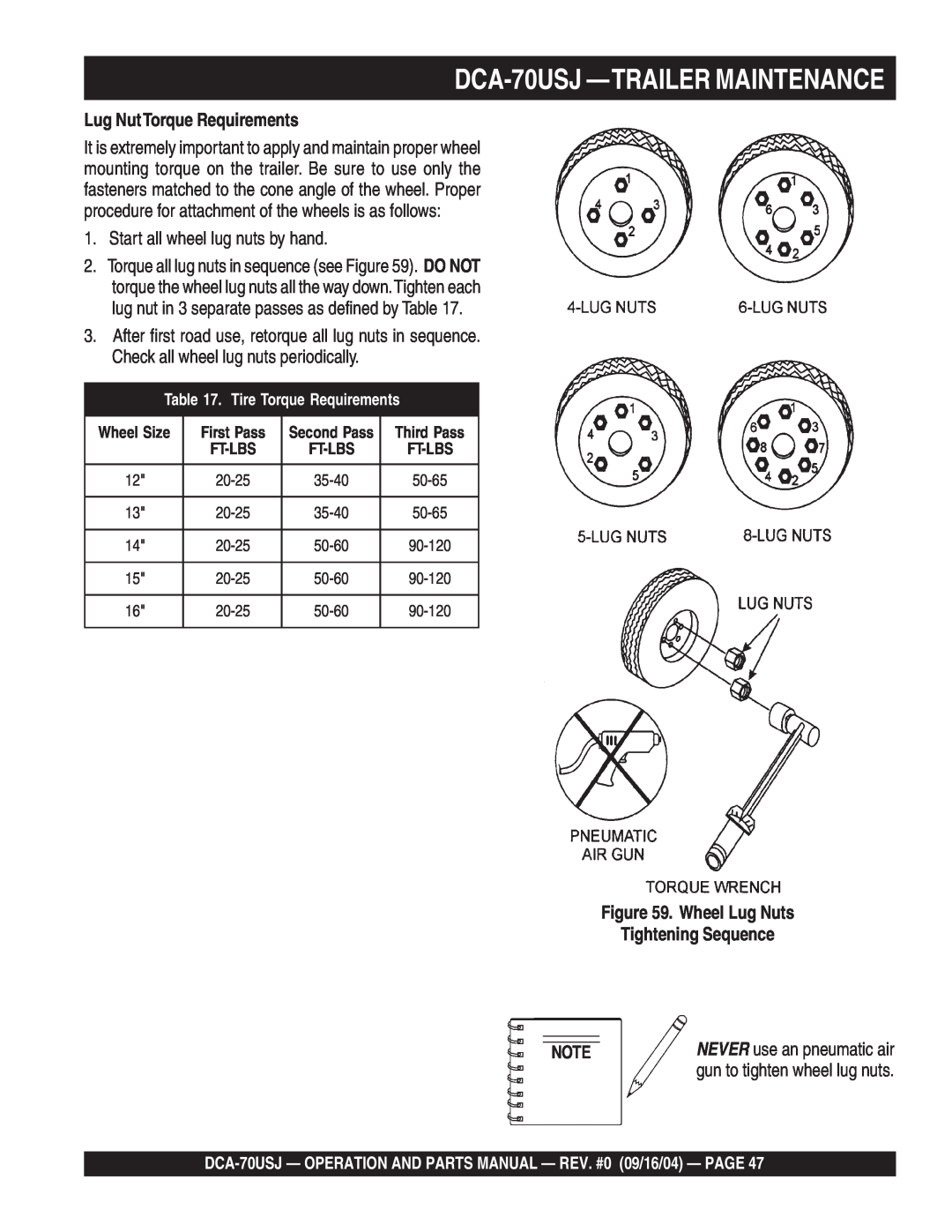 Multiquip dca-70usj Lug NutTorque Requirements, Wheel Lug Nuts Tightening Sequence, DCA-70USJ —TRAILERMAINTENANCE 