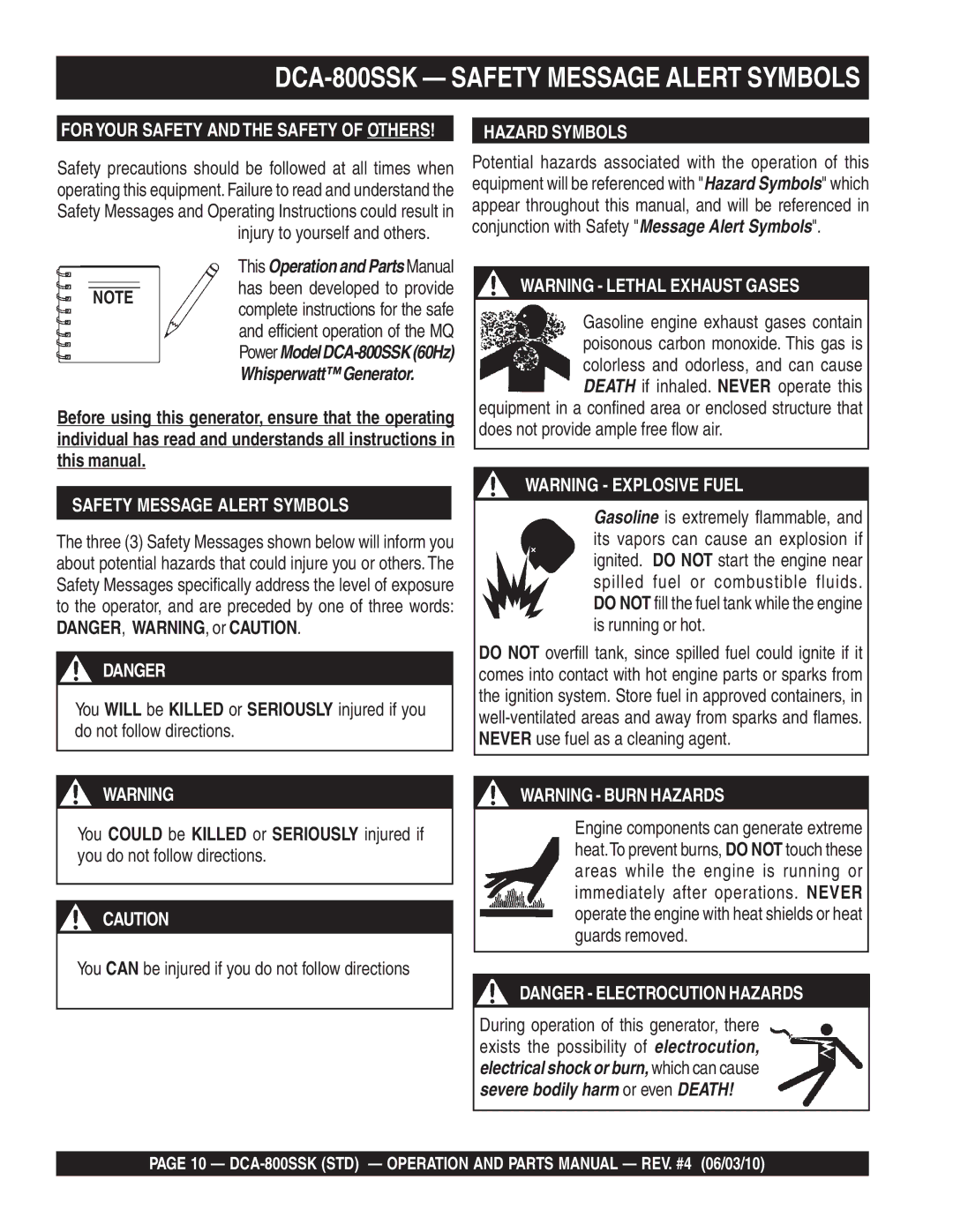 Multiquip operation manual DCA-800SSK Safety Message Alert Symbols, Injury to yourself and others 