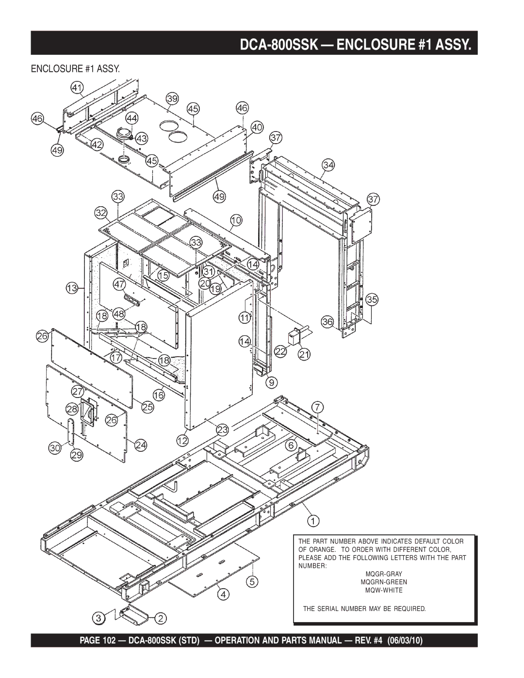 Multiquip operation manual DCA-800SSK Enclosure #1 Assy 