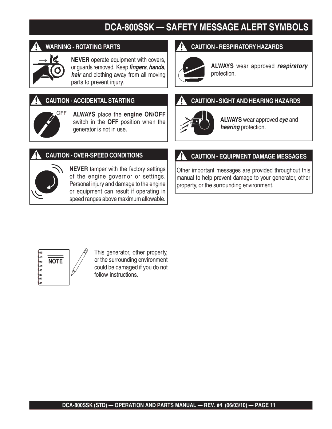 Multiquip operation manual DCA-800SSK Safety Message Alert Symbols, This generator, other property 