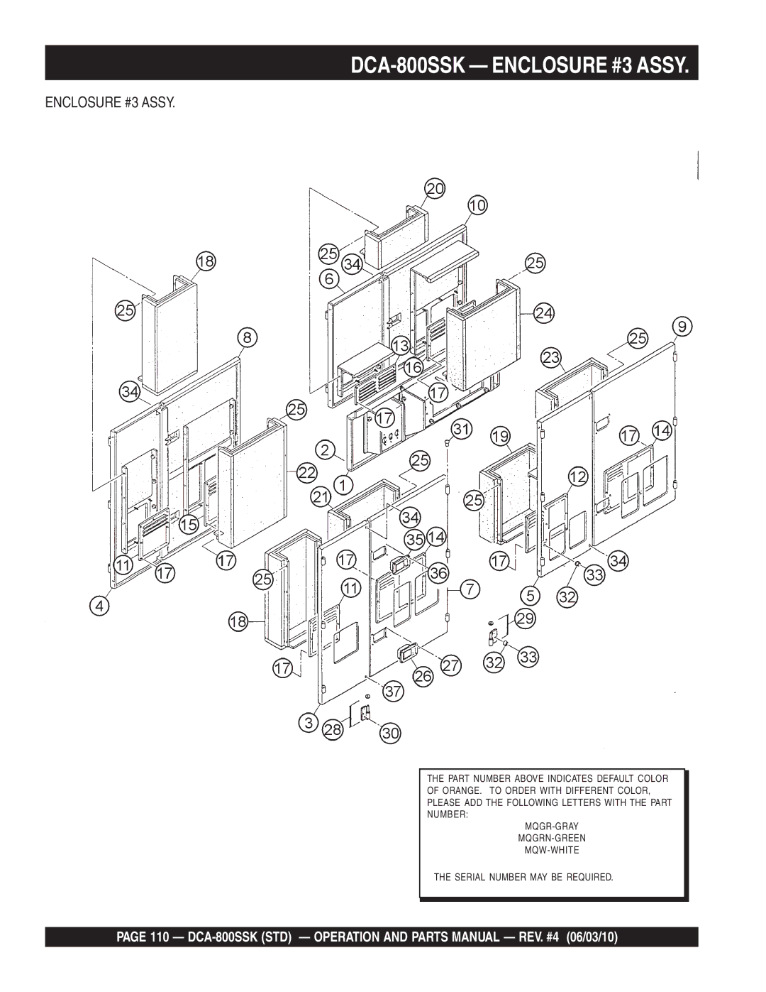 Multiquip operation manual DCA-800SSK Enclosure #3 Assy 