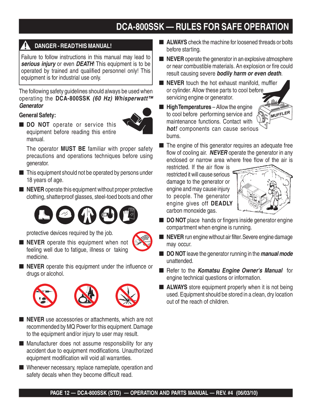 Multiquip operation manual DCA-800SSK Rules for Safe Operation, General Safety, Burns 