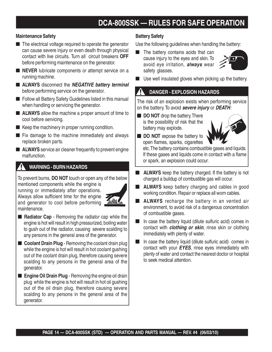 Multiquip DCA-800SSK Maintenance Safety, Battery Safety, Use the following guidelines when handling the battery 